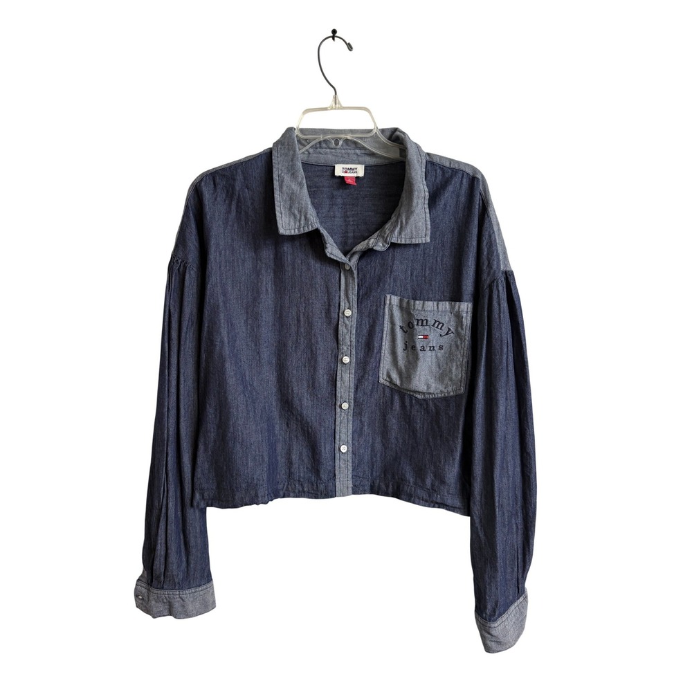 Vintage Y2k Tommy Jeans Womens XL Cropped Denim Shirt Two Tone Blue Button Down